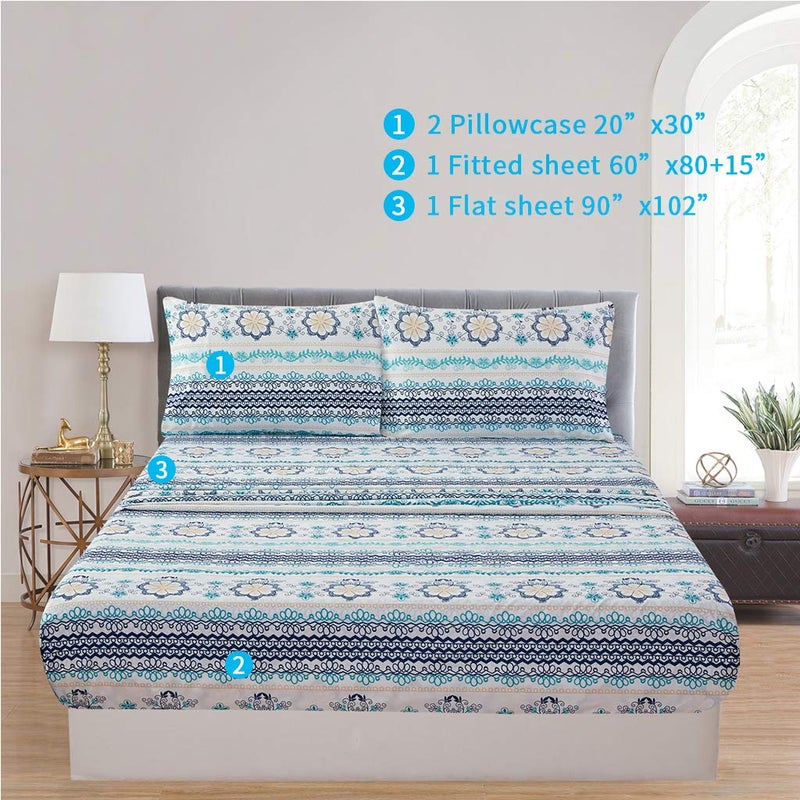 JSD Blue Boho Printed Sheet Set Queen Size, 4 Piece Soft Floral Microfiber Sheets Extra Deep Pocket - Image 2